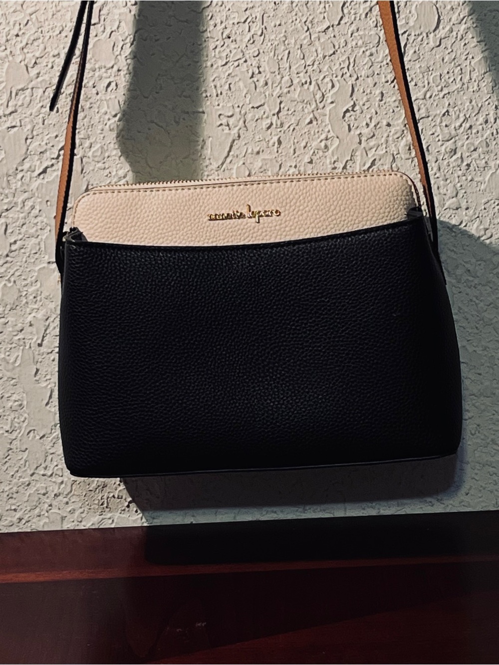 Nanette Lepore Black and Cream Two-Tone Pebbled Crossbody